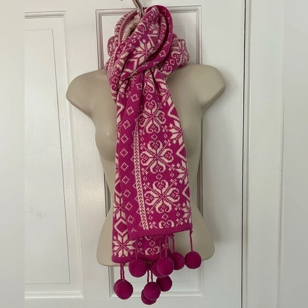 Bloomingdales Cashmere Wool Nordic Alpine Pom Poms Scarf Hot Pink Ivory Soft New